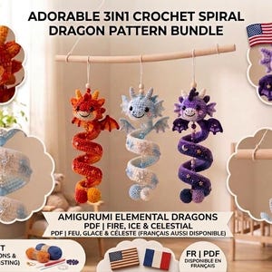 3-in-1 Häkelmuster-Set mit Spiraldrachen | Amigurumi Elementardrachen (PDF) | Mobile zum Aufhängen: Feuer- und Eisdrachen