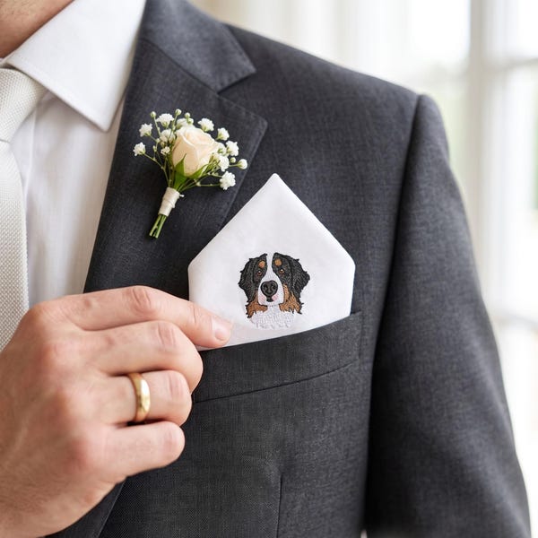 Personalized Embroidered Pet Portrait Pocket Square, Custom Wedding Handkerchief, Groom Gift, Dog Wedding Keepsake