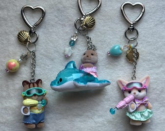 Calico Critter Keychain | Cute Keychain | Kawaii Keychain | Phone Charms | Pool Fun Trio Keychain | Belt Charm | Beaded Keychain