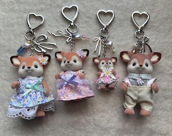 Calico Critter Deer Family Keychain: Kawaii Beaded Bag Charm