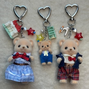 Calico Critter Keychain | Cute Keychain | Kawaii Keychain | Phone Charm | Biscuit Bear Family | Belt Charm | Beaded Keychain | Bag Charm