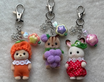 Calico Critter Keychain | Cute Keychain | Kawaii Keychain | Phone Charms | Baby Trio Fruits Keychain | Belt Charm | Beaded Keychain