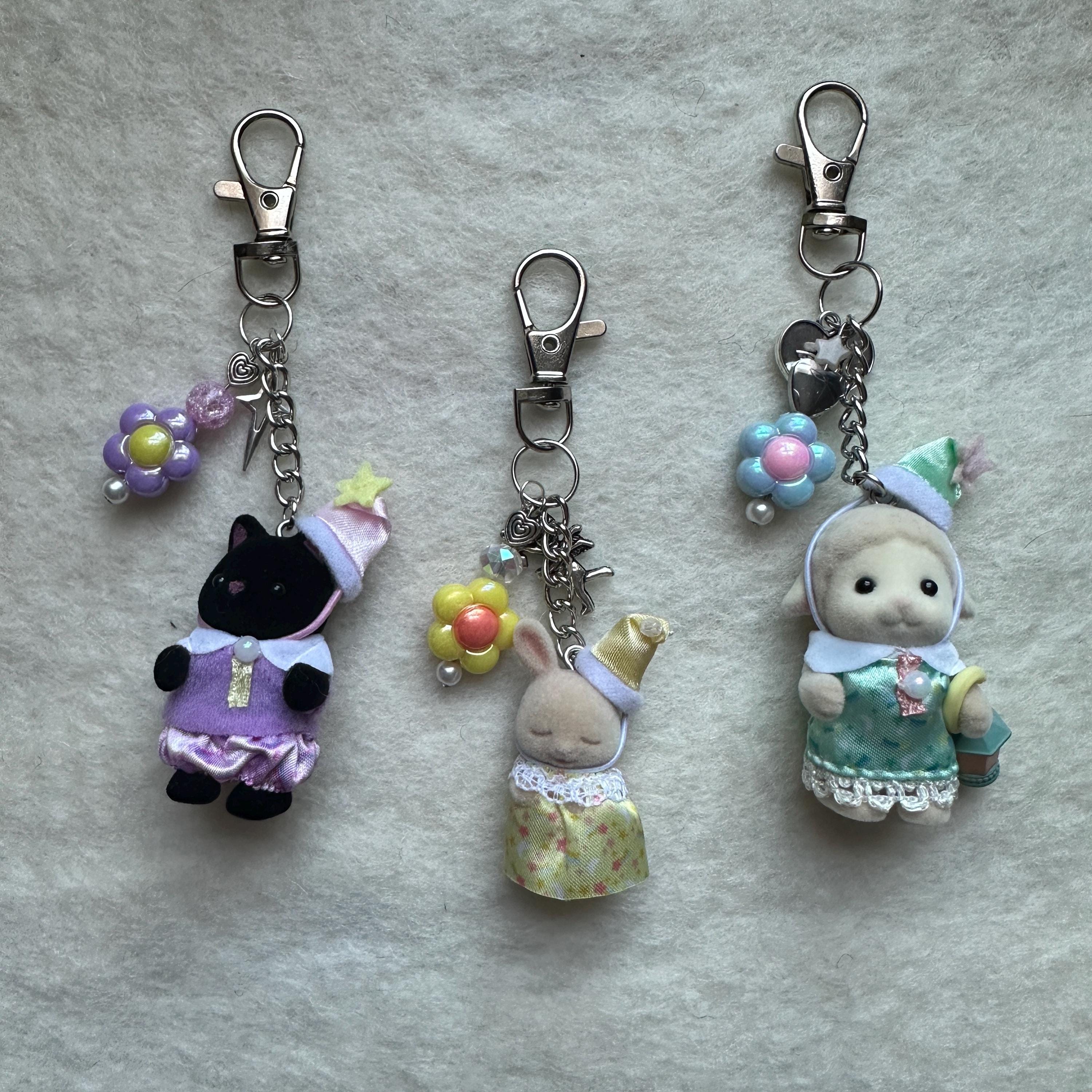 Calico Critter Keychain | Cute Keychain | Kawaii Keychain | Phone Charms | Sleepover Party Trio Keychain | Belt Charm | Beaded Keychain
