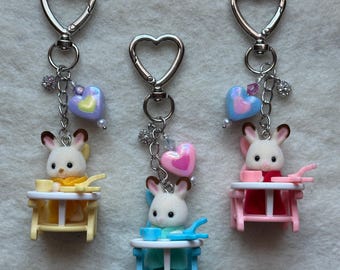 Calico Critters Keychain: Chocolate Rabbit Triplets, Beaded Kawaii Charm