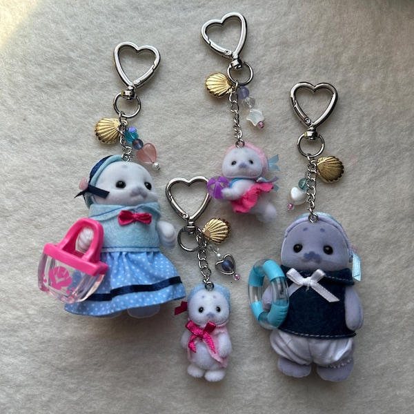 Calico Critter Keychain | Cute Keychain | Kawaii Keychain | Phone Charms | Seal Family Keychain | Bag Charm | Beaded Keychain