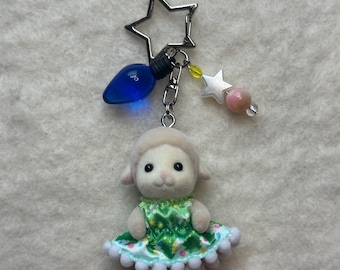 Calico Critter SheepBaby Christmas Keychain: Kawaii Beaded Bag Charm