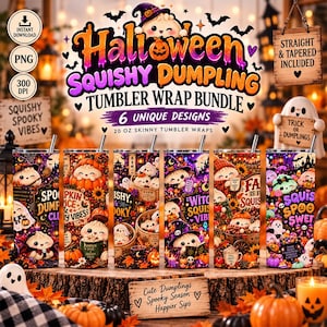 May include: A digital bundle of six Halloween-themed tumbler wraps featuring cute dumpling characters, pumpkins, ghosts, and bats. The text includes Halloween Squishy Dumpling Tumbler Wrap Bundle, 6 Unique Designs, and 20 oz Skinny Tumbler Wraps.