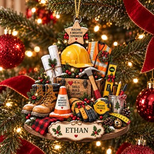 Personalized Construction Worker Christmas Ornament, Custom Name Builder Gift, Holiday Tool Ornament, Contractor Keepsake, Worker Xmas Decor