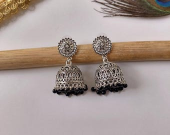 Handmade German Silver Oxidised Jhumka Earrings For Women Ethnic Indian Jewelry