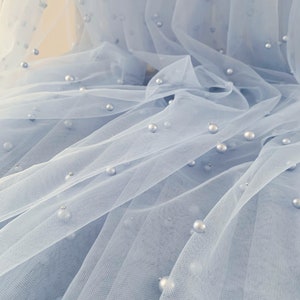 3yards light blue tulle fabric with pearls