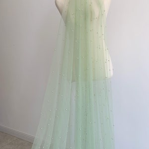 3yards light sage green tulle fabric with pearls for dress and veil
