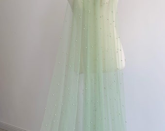 3yards light sage green tulle fabric with pearls for dress and veil