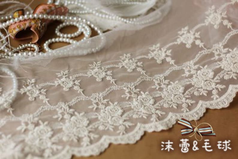 vintage style lace fabric, antique lace fabric , cotton lace fabric trim, floral embroidery lace fabric trim image 2