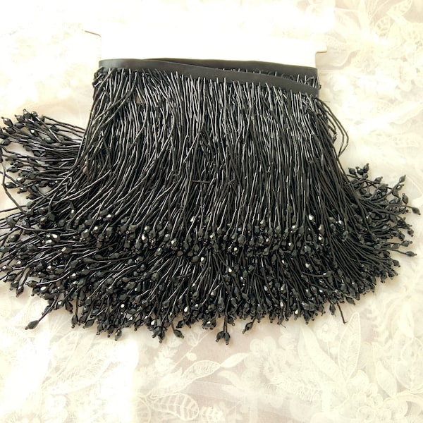 Garniture Black Bead Fringe pour la haute couture, frange de perles avec larme