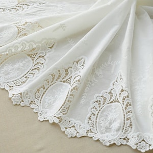 off white cotton lace fabric with eyelet, embroidered cotton lace fabric with eyelet scallops