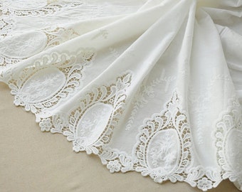 off white cotton lace fabric with eyelet, embroidered cotton lace fabric with eyelet scallops