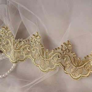 gold lace trim, gold alencon lace trim, gold scalloped lace in gold, gold cord lace by the yard for bridal veil image 1