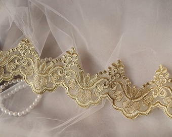 gold lace trim, gold alencon lace trim, gold scalloped lace in gold, gold cord lace by the yard for bridal veil