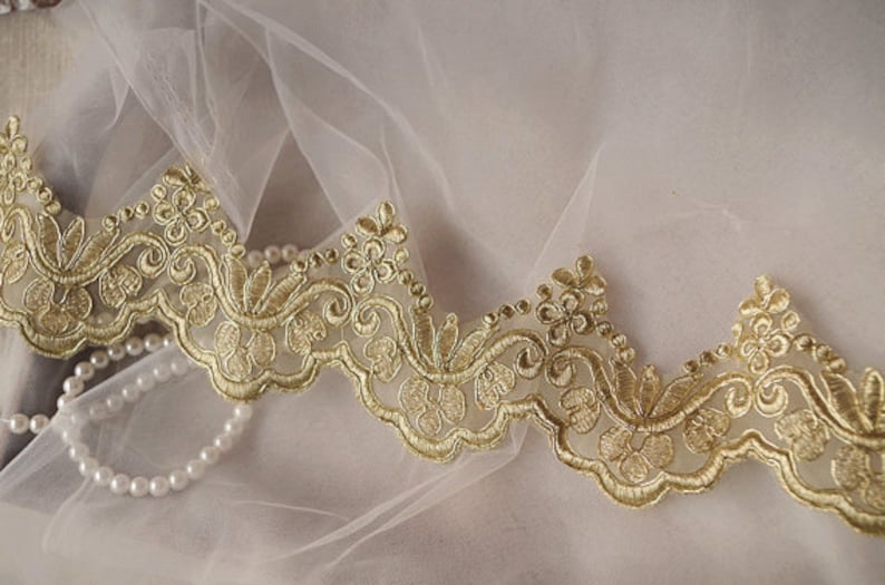 gold lace trim, gold alencon lace trim, gold scalloped lace in gold, gold cord lace by the yard for bridal veil image 1