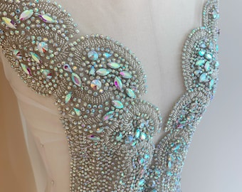Large iridescent Rhinestone bodice applique for bodysuit costume crystal applique, vintage style crystal appliqué , haute couture supplie