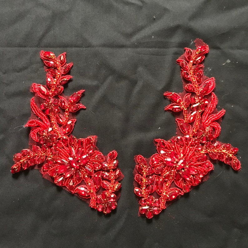 heavy bead handmade rhinestone applique for couture 2pcs Red Rhinestone bead applique