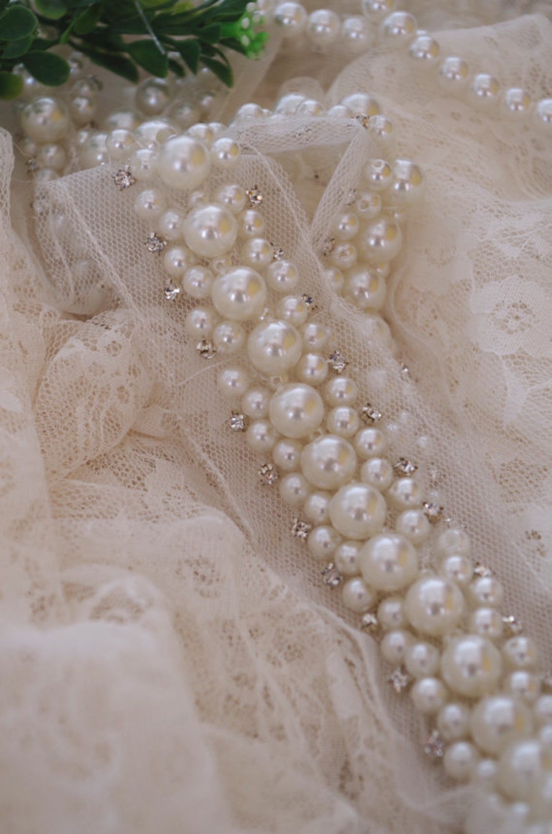 Pearl Beaded Lace Trim With Rhinestones, Rhinestone and Pearls