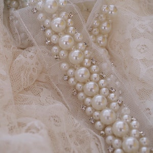 Pearl beaded lace trim with rhinestones, rhinestone and pearls beading trim by the yard