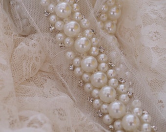 Pearl beaded lace trim with rhinestones, rhinestone and pearls beading trim by the yard