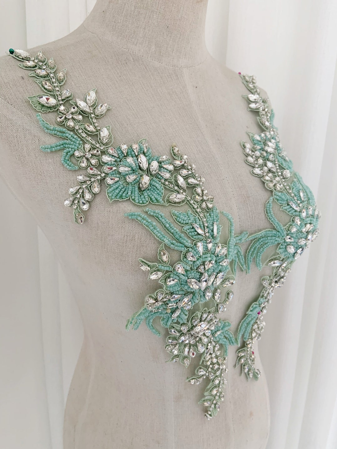 Mint Green Rhinestone Applique With Florals Motif - Etsy