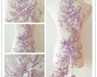 lavender 3d florals lace applique, heavy bead lace applique, 3D lace applique with rhinestones, bridal applique, 3d flower applique