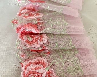 Pink embroidered tulle lace trim, pink mesh lace trim with pink peony rose, colored tulle lace trim, multi color tulle lace trim