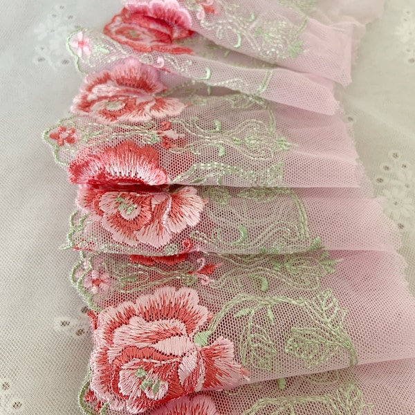 Pink embroidered tulle lace trim, pink mesh lace trim with pink peony rose, colored tulle lace trim, multi color tulle lace trim