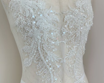Off white bead florals lace applique, heavy bead lace patch by pair