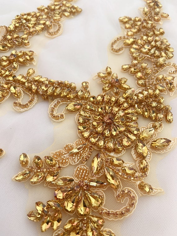 Hand Crated Gold Rhinestone Applique for Couture, Dress, Dance Costume 