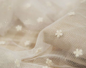 ivory lace fabric, tulle fabric lace, dotted bridal lace fabric, embroidered lace fabric with little daisy flowers