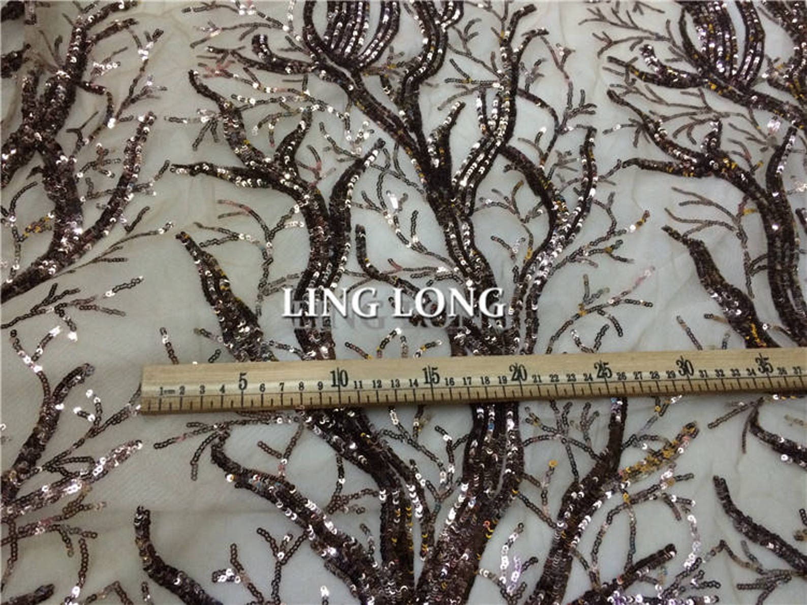 Gold Sequin Fabric With Trees Embroidered Lace Fabric Sequin Etsy