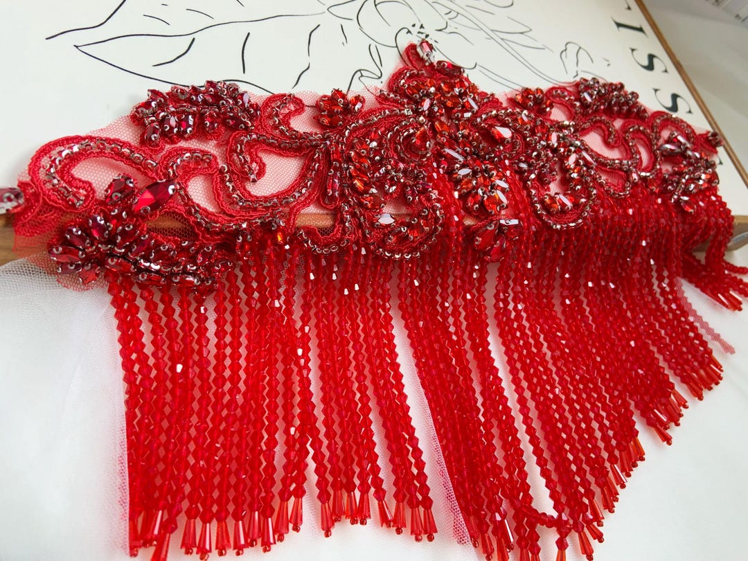 Red Rhinestone Appliqué Patch With Crystal Fringe, Red Body Jewelry for ...