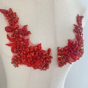 One pair red Rhinestone applique with florals motif for couture costume