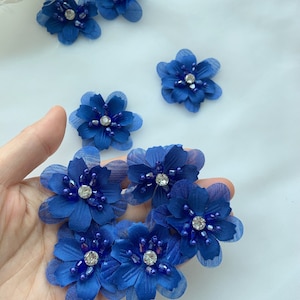 10 pcs blue handcrafted flowers applique, handmade flowers patch with beads, organza flowers applique