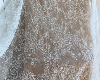 soft white Chantilly lace fabric with double scallops for wedding dress, bridal robe, lingerie lace
