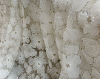 Off white bead tulle lace fabric with 3d flowers, fairy 3d florals fabric for dress, skirt, prop