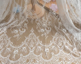 off white Chantilly lace fabric, French chantilly lace,wedding lace fabric with scalloped borders, bridal lace fabric