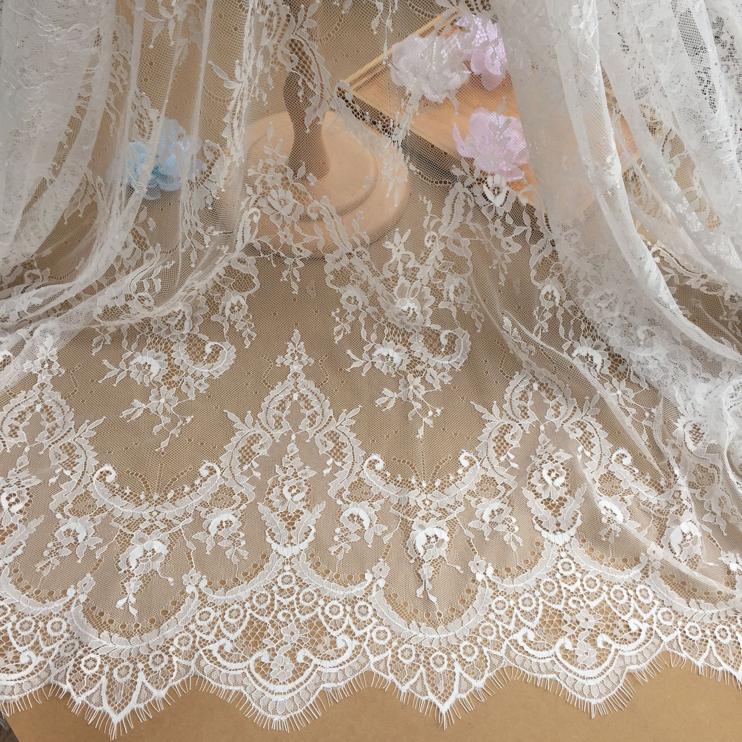 Off White Chantilly Lace Fabric, French Chantilly Lace,wedding Lace Fabric  With Scalloped Borders, Bridal Lace Fabric 