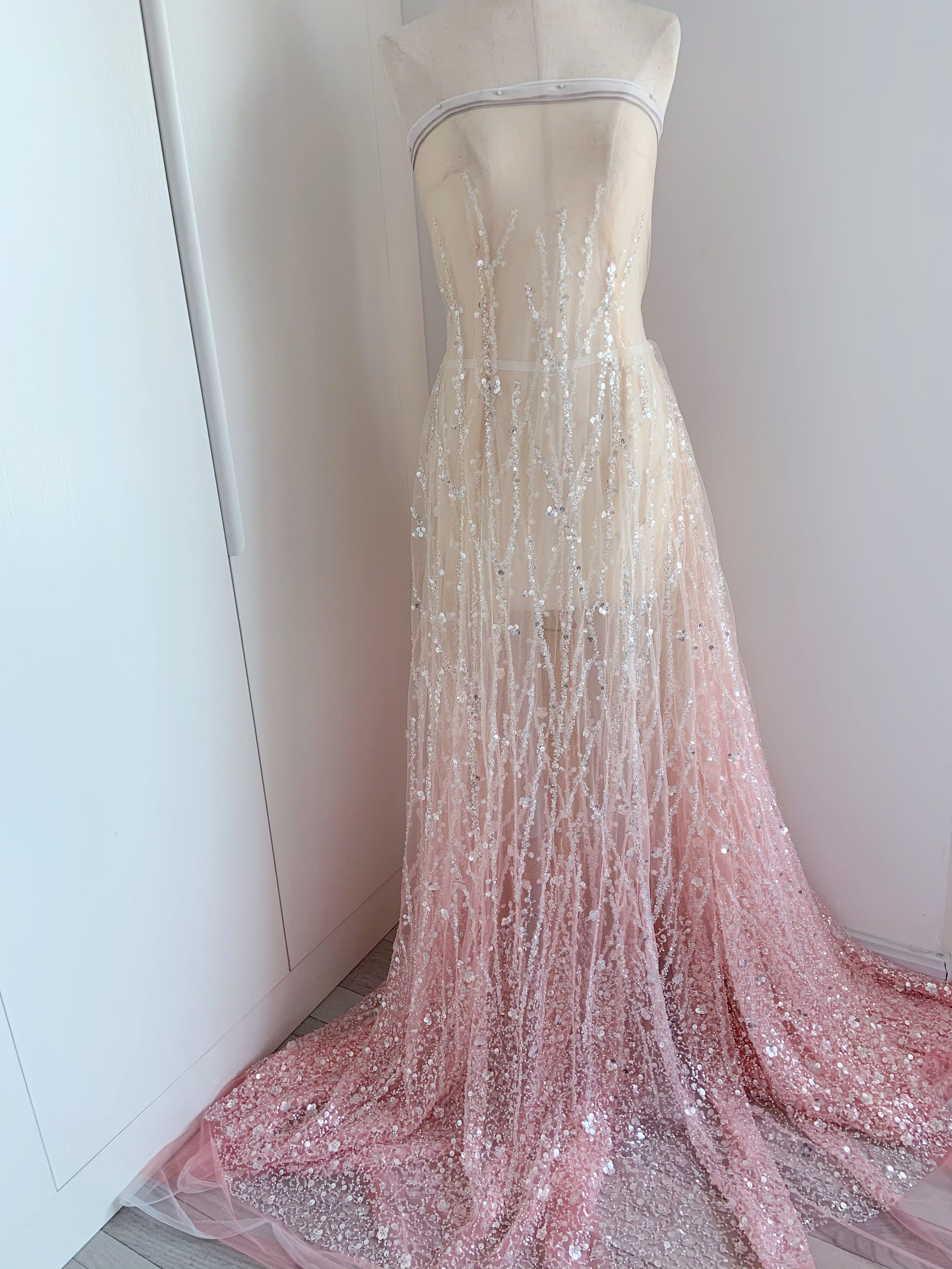 Peach beige ombre color bead lace fabric by the yard for dress, heavy bead tulle lace fabric