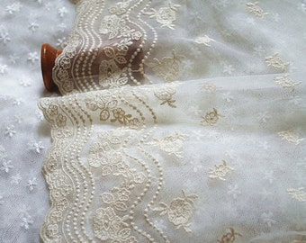 cream lace trim , vintage style lace trim , cotton embroidered mesh lace