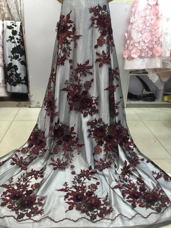 Burgundy dark red heavy embroidered tulle lace fabric with 3D | Etsy