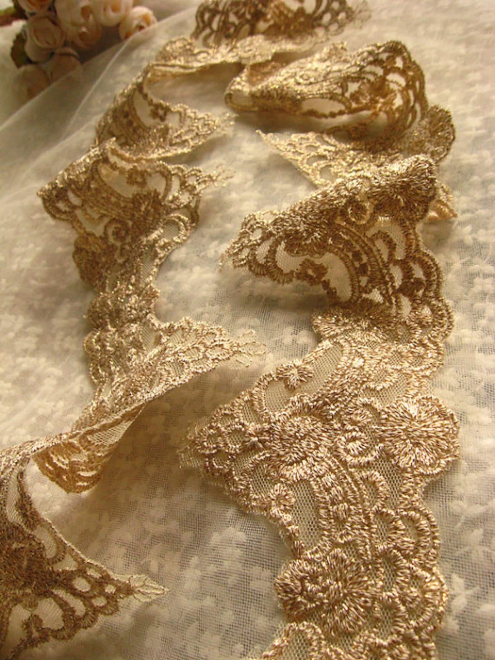 Gold Lace Trim Gold Embroidered Lace Trim Vintage Style Lace Etsy