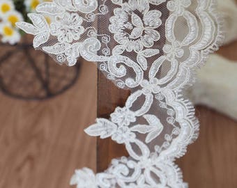 ivory Lace Trim for bridal veil with floral, guipure lace trim, scalloped lace, bridal lace trim, alencon lace trim CGHB111