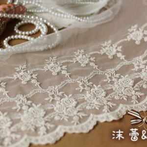 vintage style lace fabric, antique lace fabric , cotton lace fabric trim, floral embroidery lace fabric trim image 5