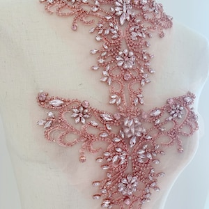 pink rhinestone neckline applique for dress, pink sweetheart neckline patch